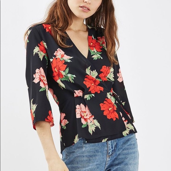 Topshop red floral wrap top - Picture 2 of 2